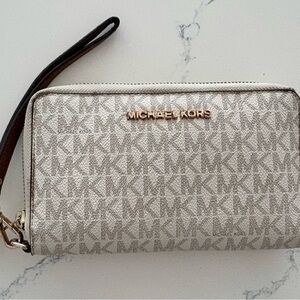 Michael Kors Beige and Brown Signature Wristlet with Gold Hardware